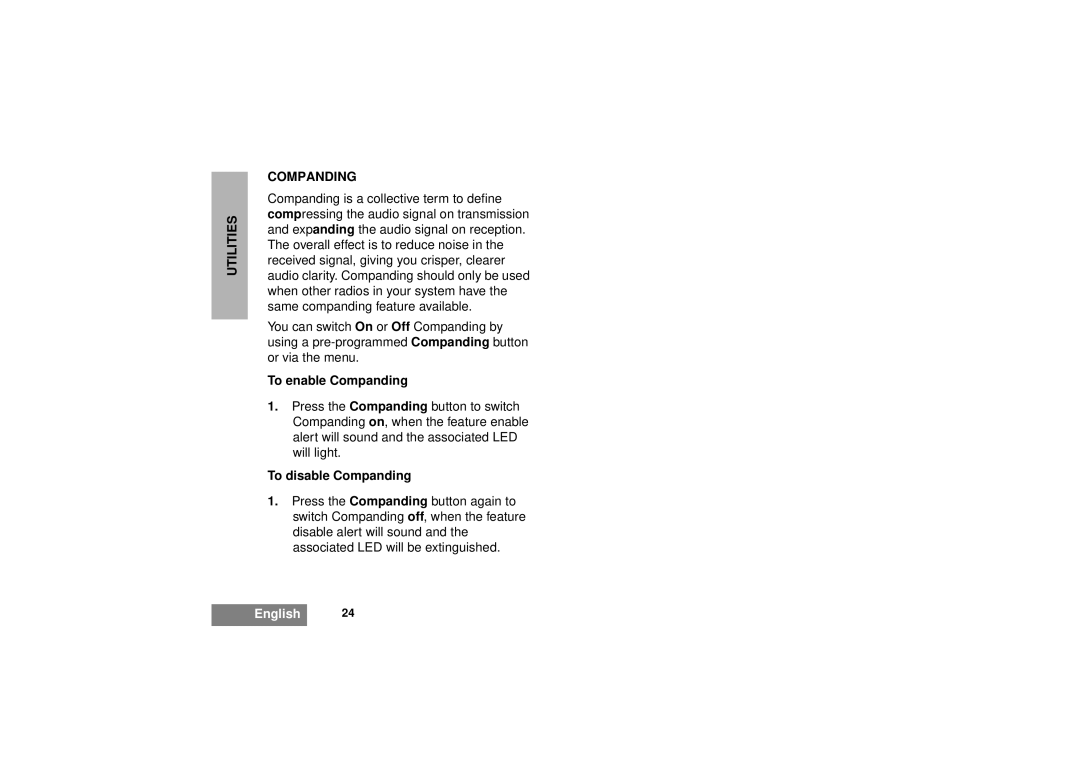 Motorola GM340 manual Utilities Companding, To enable Companding, To disable Companding 