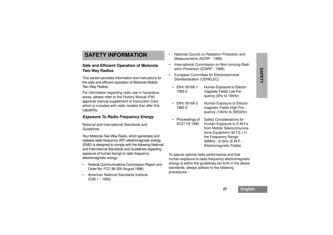 Motorola GM340 manual Safety Information, Safe and Efficient Operation of Motorola Two-Way Radios 