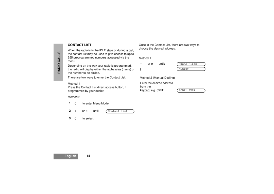 Motorola GM380 manual Radio Calls Contact List 