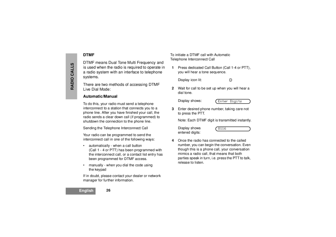 Motorola GM380 manual Radio Calls Dtmf, Automatic/Manual 