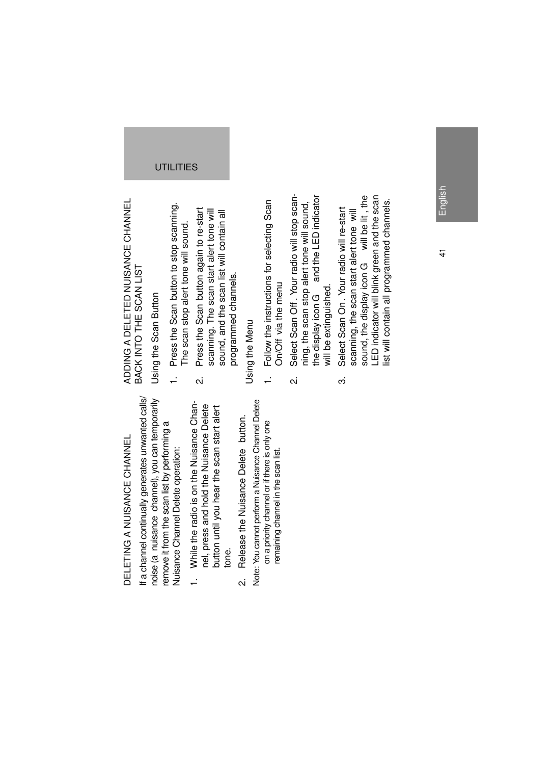 Motorola GM380 manual Deleting a Nuisance Channel, Adding a Deleted Nuisance Channel Back Into the Scan List 