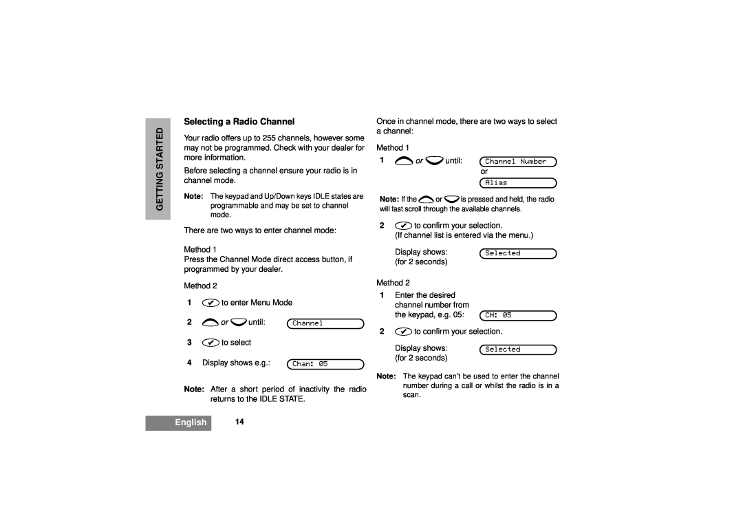 Motorola GM380 manual Selecting a Radio Channel, Getting Started, English, Display shows e.g 
