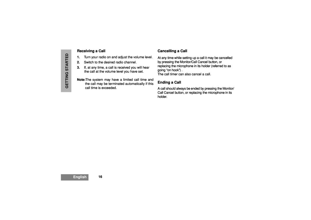 Motorola GM380 manual Receiving a Call, Cancelling a Call, Ending a Call, Getting Started, English 