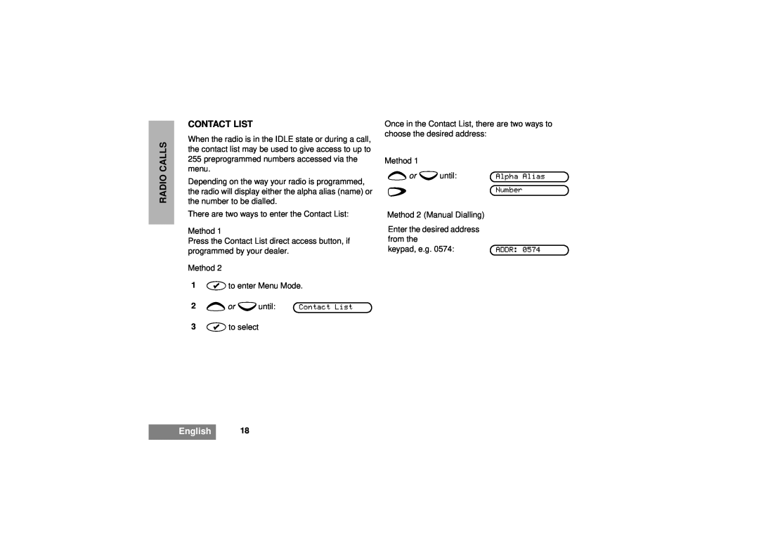 Motorola GM380 manual Contact List, Radio Calls, English 
