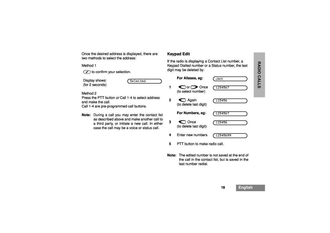 Motorola GM380 manual Keypad Edit, 19English, Radio Calls 
