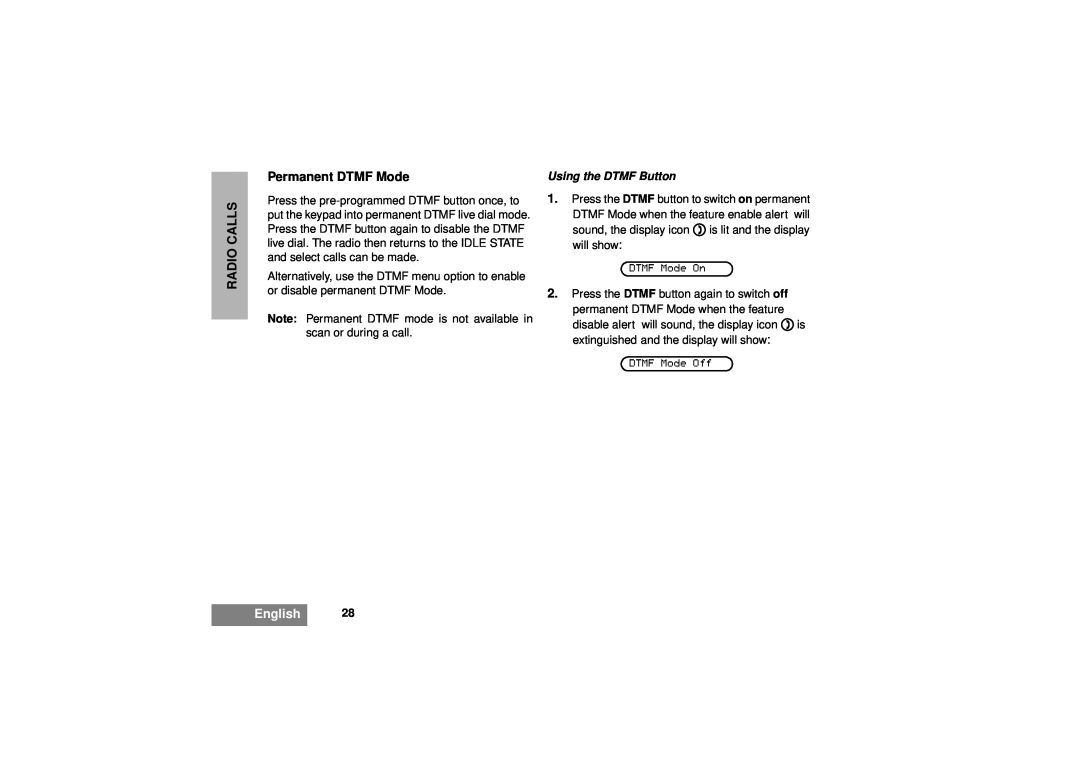 Motorola GM380 manual Permanent DTMF Mode, Radio Calls, English, Using the DTMF Button 