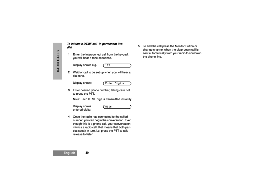Motorola GM380 manual Radio Calls, English, To initiate a DTMF call in permanent live dial 