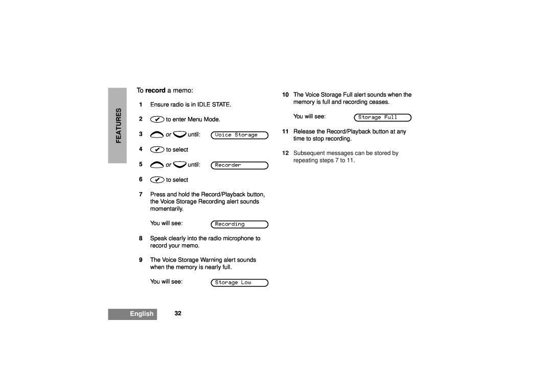 Motorola GM380 manual Features, To record a memo, English 