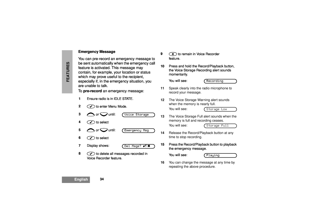 Motorola GM380 manual Emergency Message, Features, To pre-record an emergency message, English 