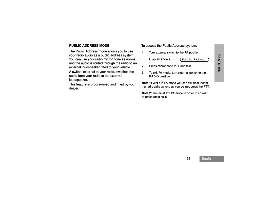 Motorola GM380 manual Public Address Mode, 35English, Features 