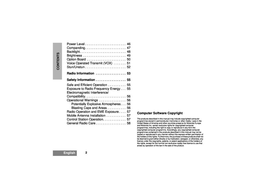 Motorola GM380 manual Computer Software Copyright, English, Contents 