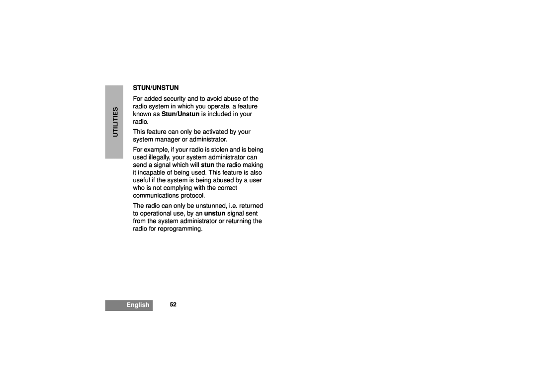 Motorola GM380 manual Stun/Unstun, Utilities, English 