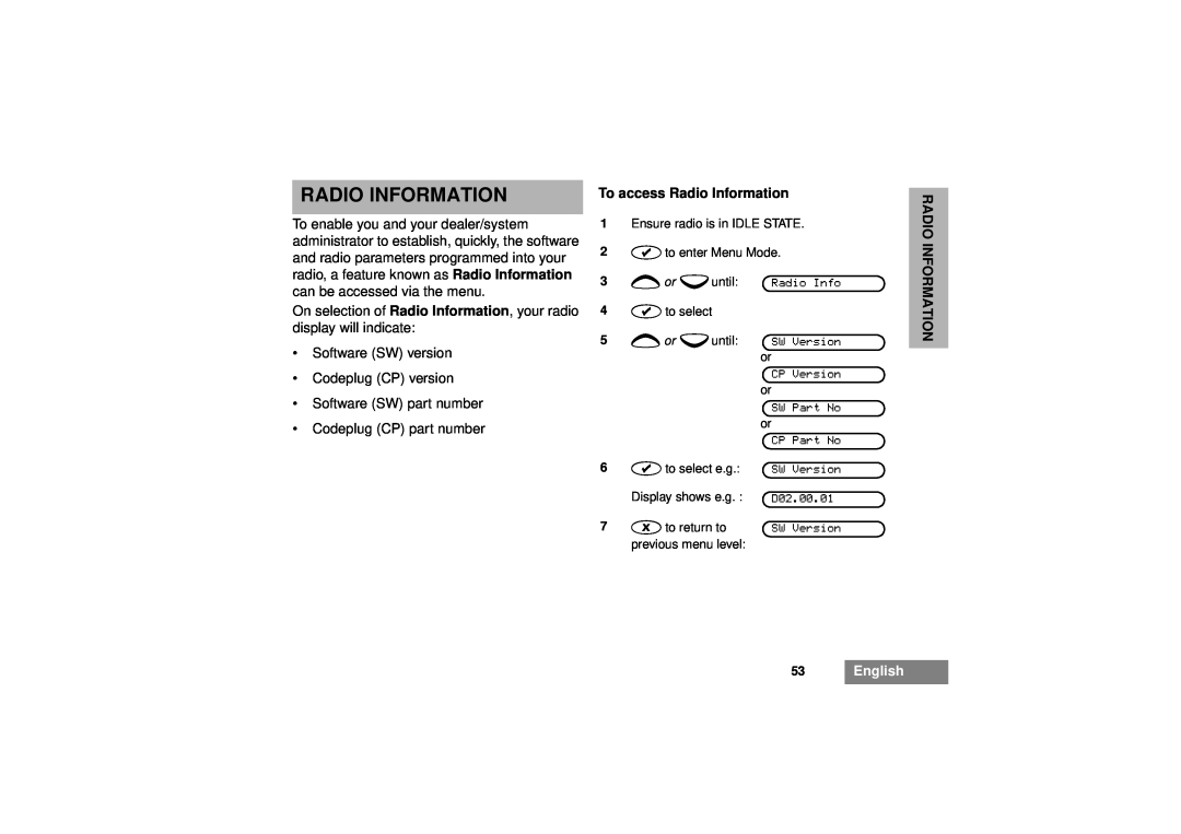Motorola GM380 manual To access Radio Information, 53English 