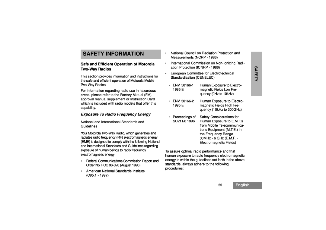 Motorola GM380 manual Safety Information, Exposure To Radio Frequency Energy, 55English 