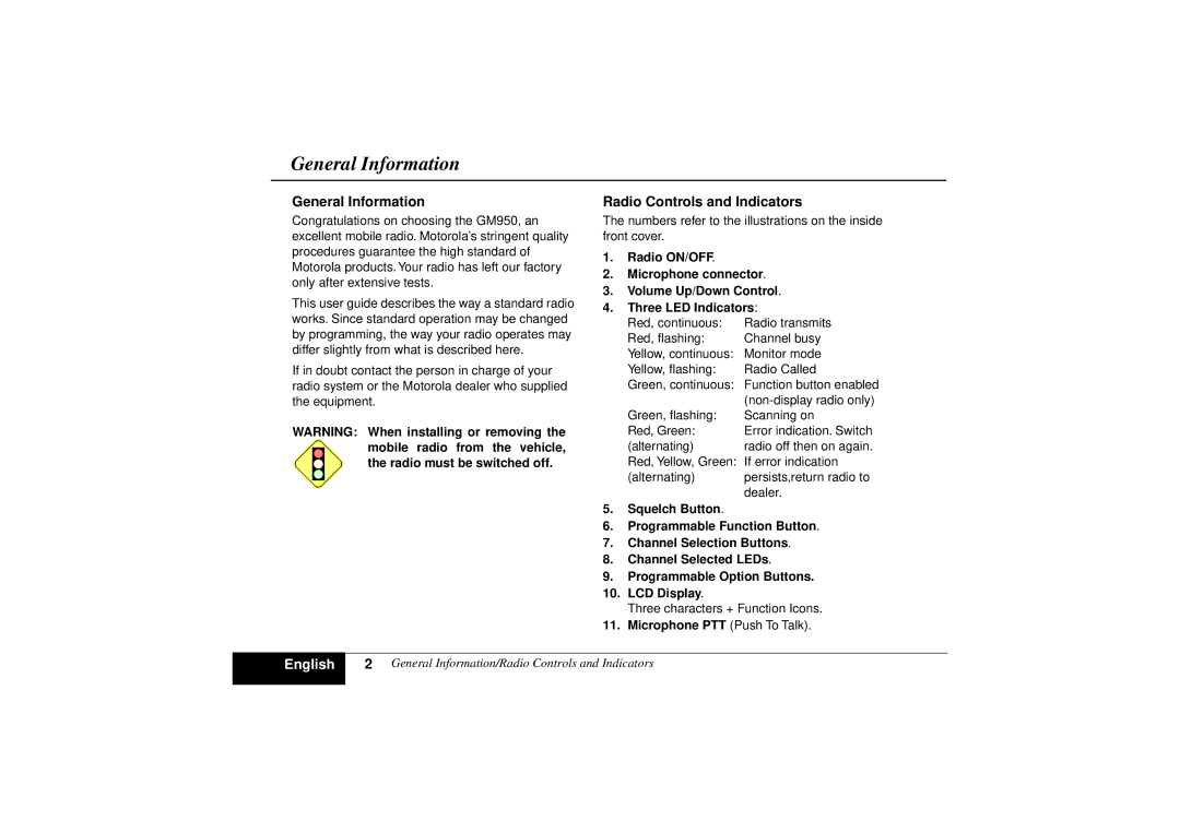 Motorola GM950 manual General Information, Radio Controls and Indicators 