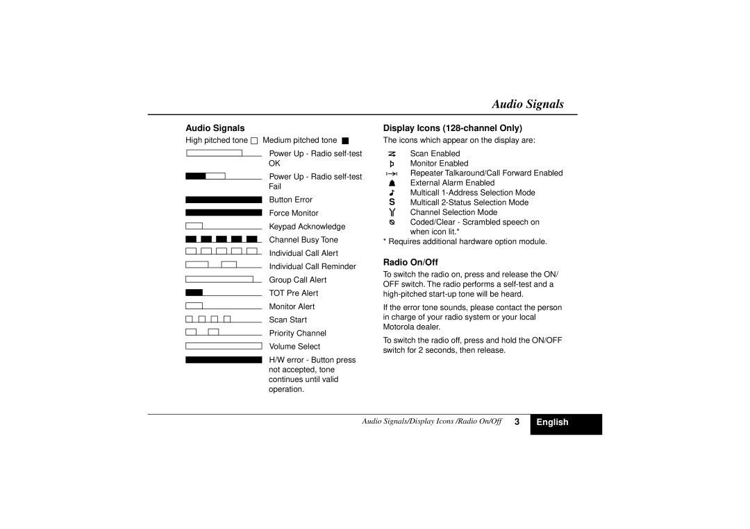 Motorola GM950 manual Audio Signals, Display Icons 128-channel Only, Radio On/Off 