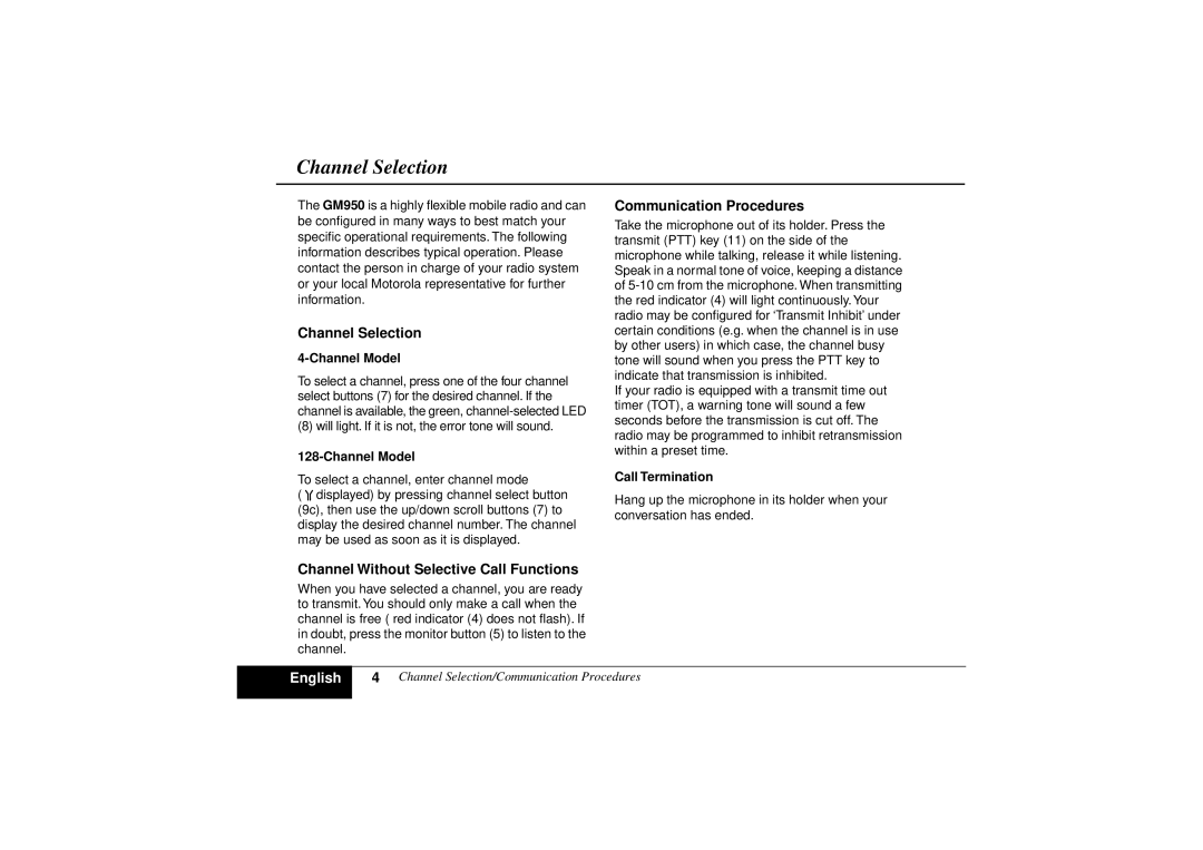 Motorola GM950 manual Channel Selection, Channel Without Selective Call Functions, Communication Procedures 