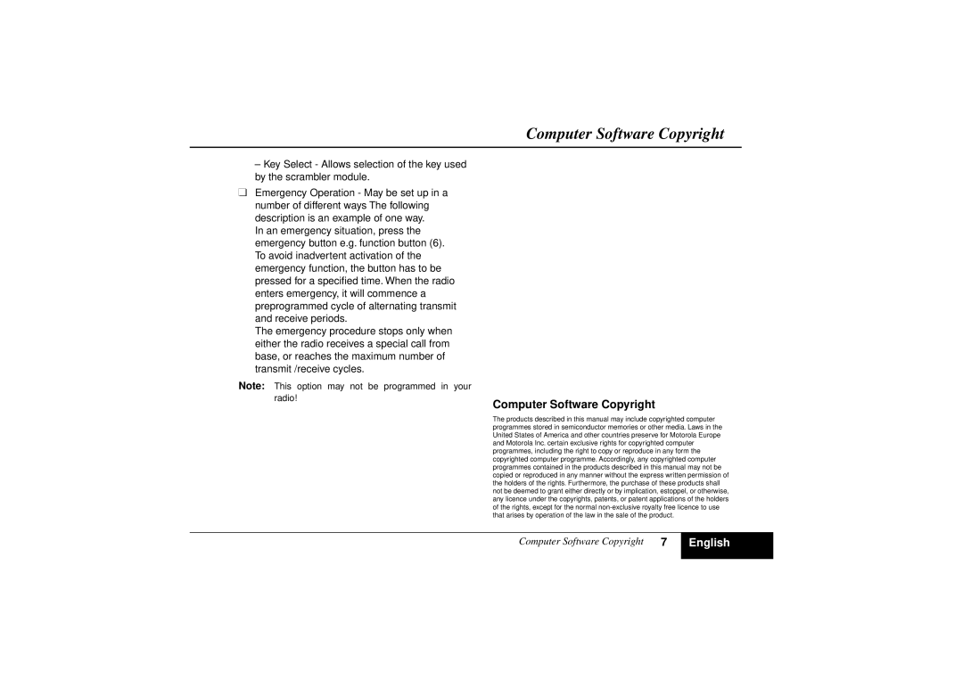 Motorola GM950 manual Computer Software Copyright 