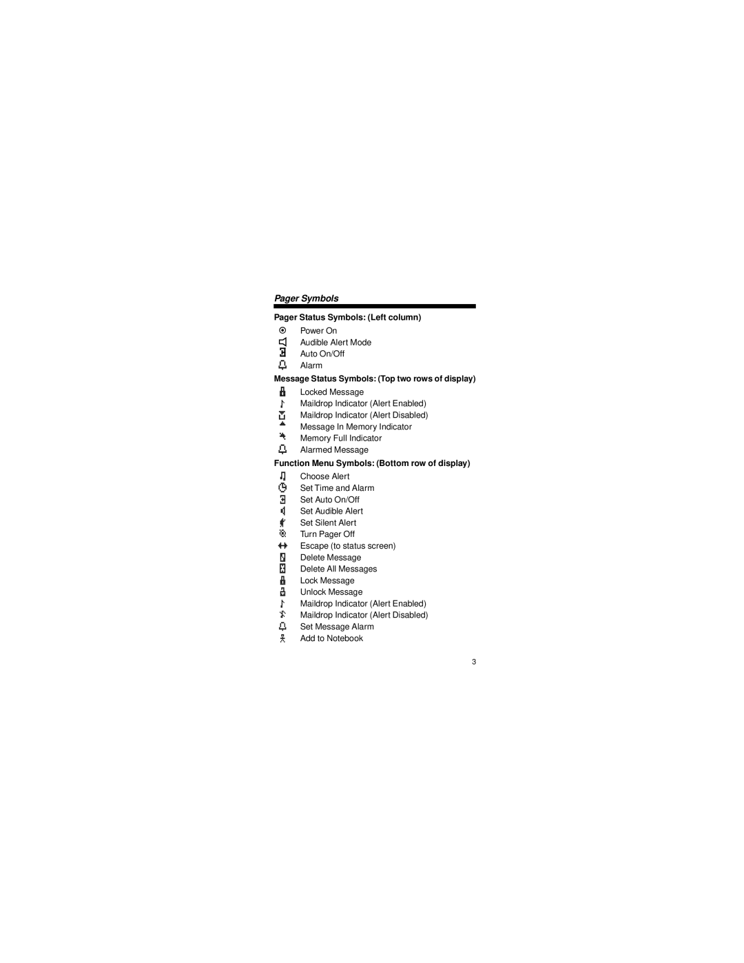 Motorola Gold FLX manual Pager Symbols, Message Status Symbols Top two rows of display 