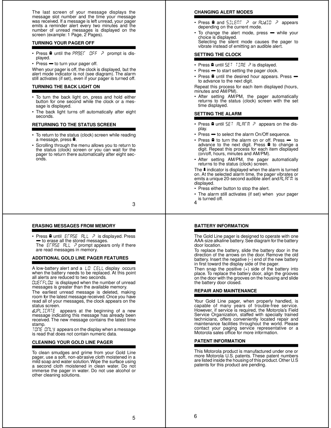 Motorola GoldLine manual Changing Alert Modes, Turning Your Pager OFF, Setting the Clock, Turning the Back Light on 