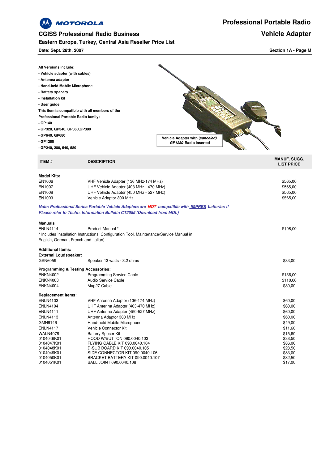 Motorola GP140 manual Vehicle Adapter, Item # Description MANUF. Sugg 