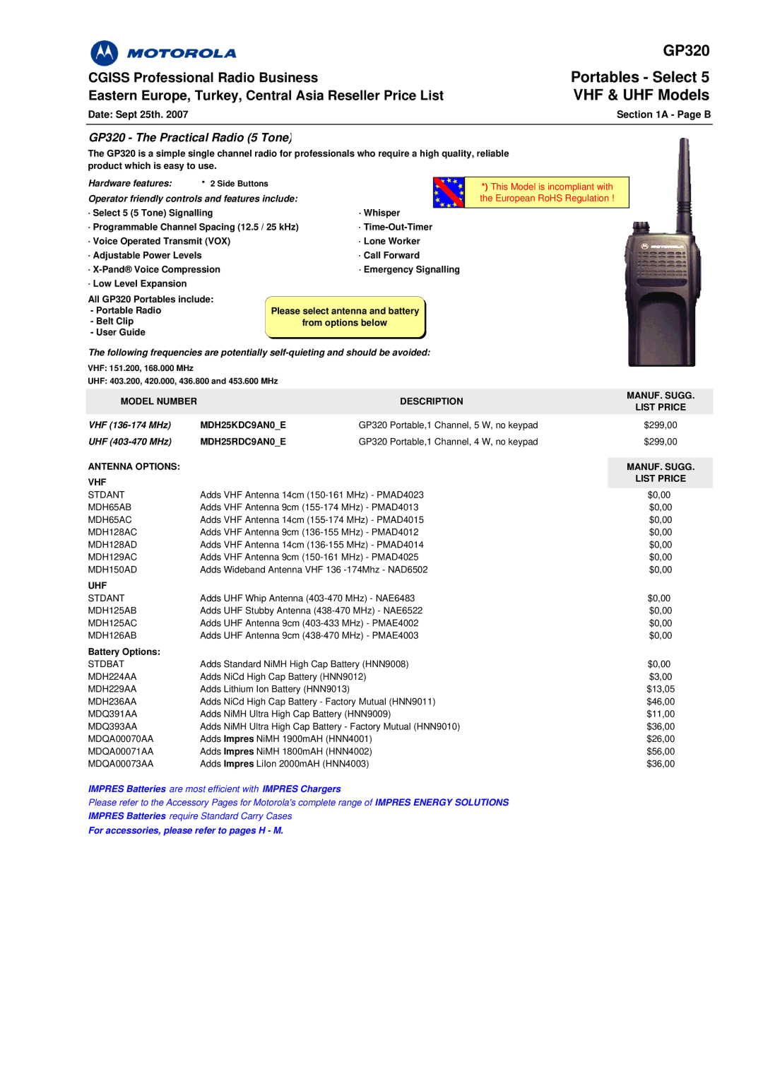 Motorola GP140 manual Portables Select, VHF & UHF Models, GP320 The Practical Radio 5 Tone 