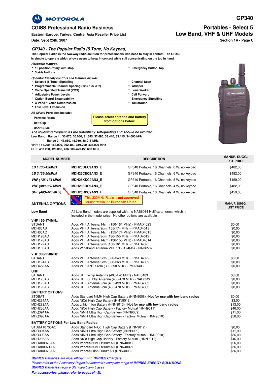 Motorola GP140 manual Portables Select, Low Band, VHF & UHF Models, GP340 The Popular Radio 5 Tone, No Keypad 