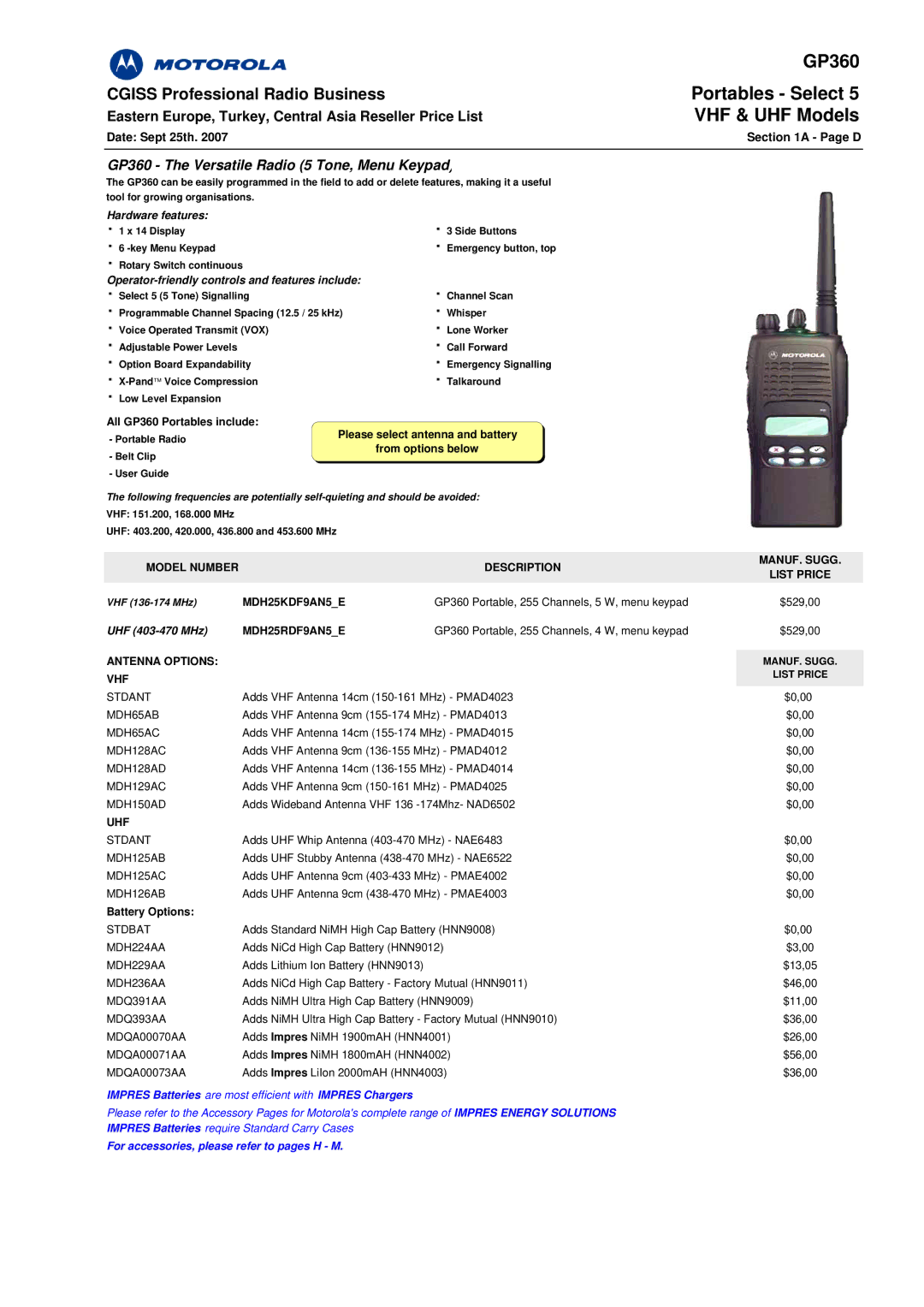 Motorola GP140 manual GP360 The Versatile Radio 5 Tone, Menu Keypad, Operator-friendly controls and features include 