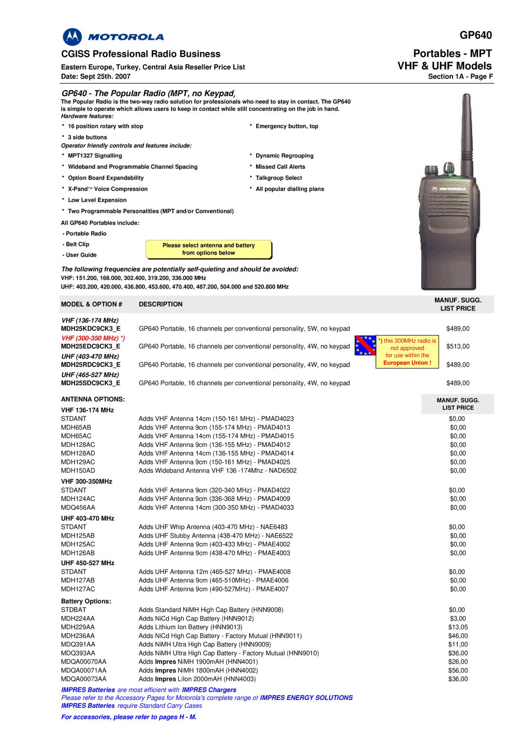 Motorola GP140 manual Portables MPT, GP640 The Popular Radio MPT, no Keypad, UHF 465-527 MHz 