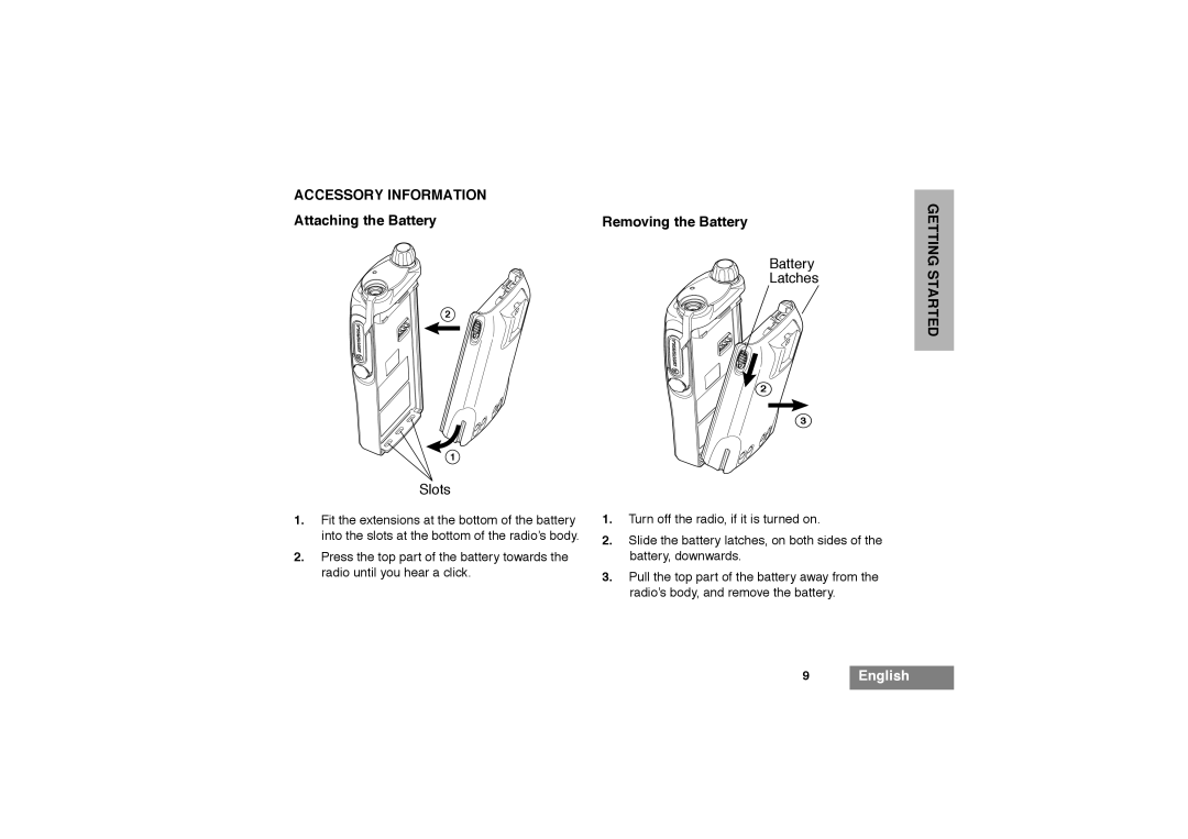 Motorola GP320 manual Accessory Information, Attaching the Battery Removing the Battery 