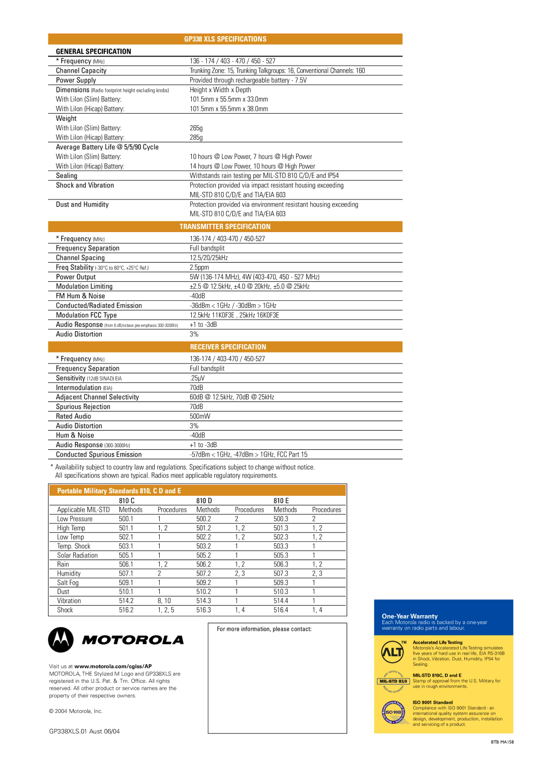 Motorola manual GP338 XLS Specifications 