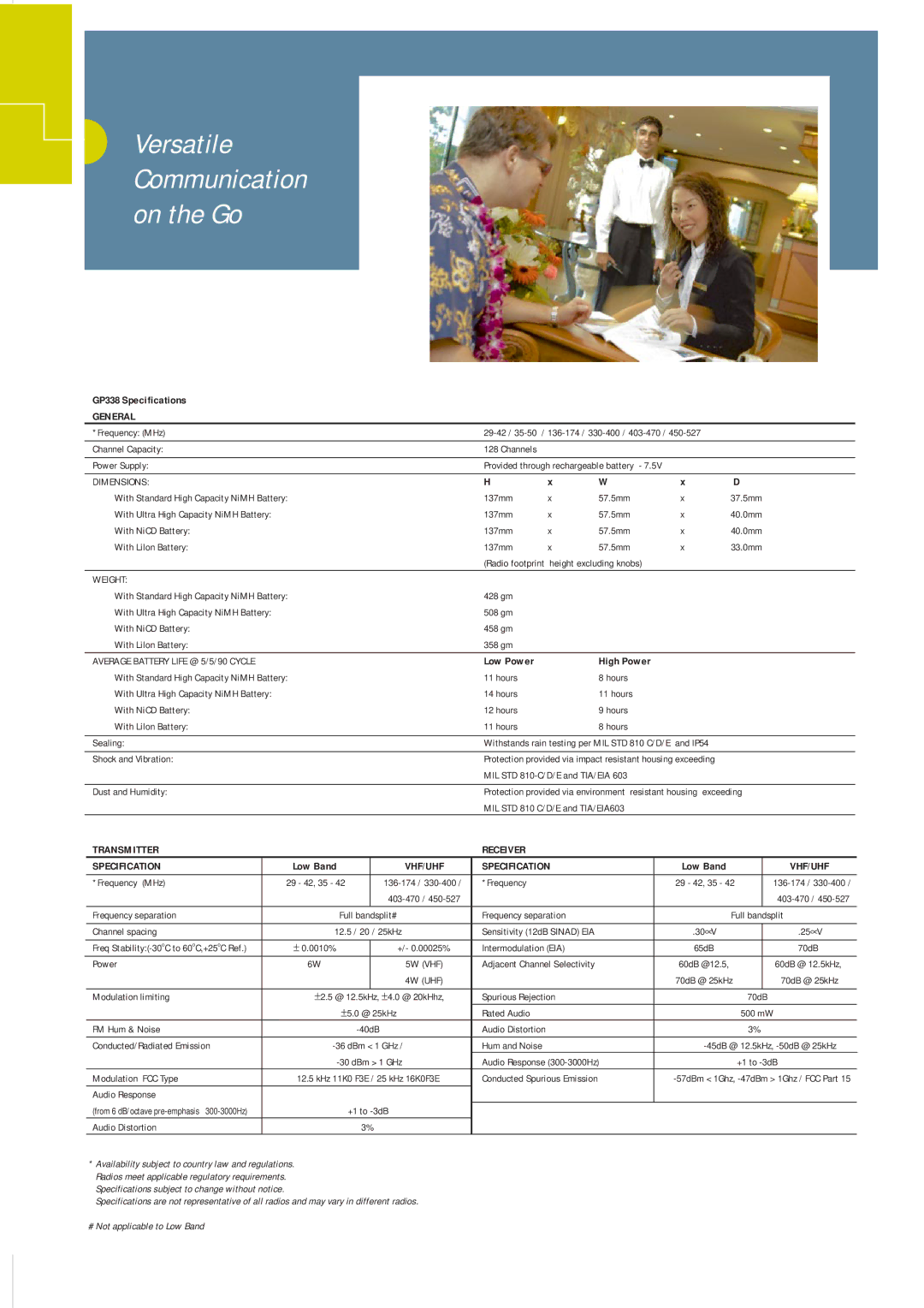 Motorola manual GP338 Specifications, Low Power High Power 