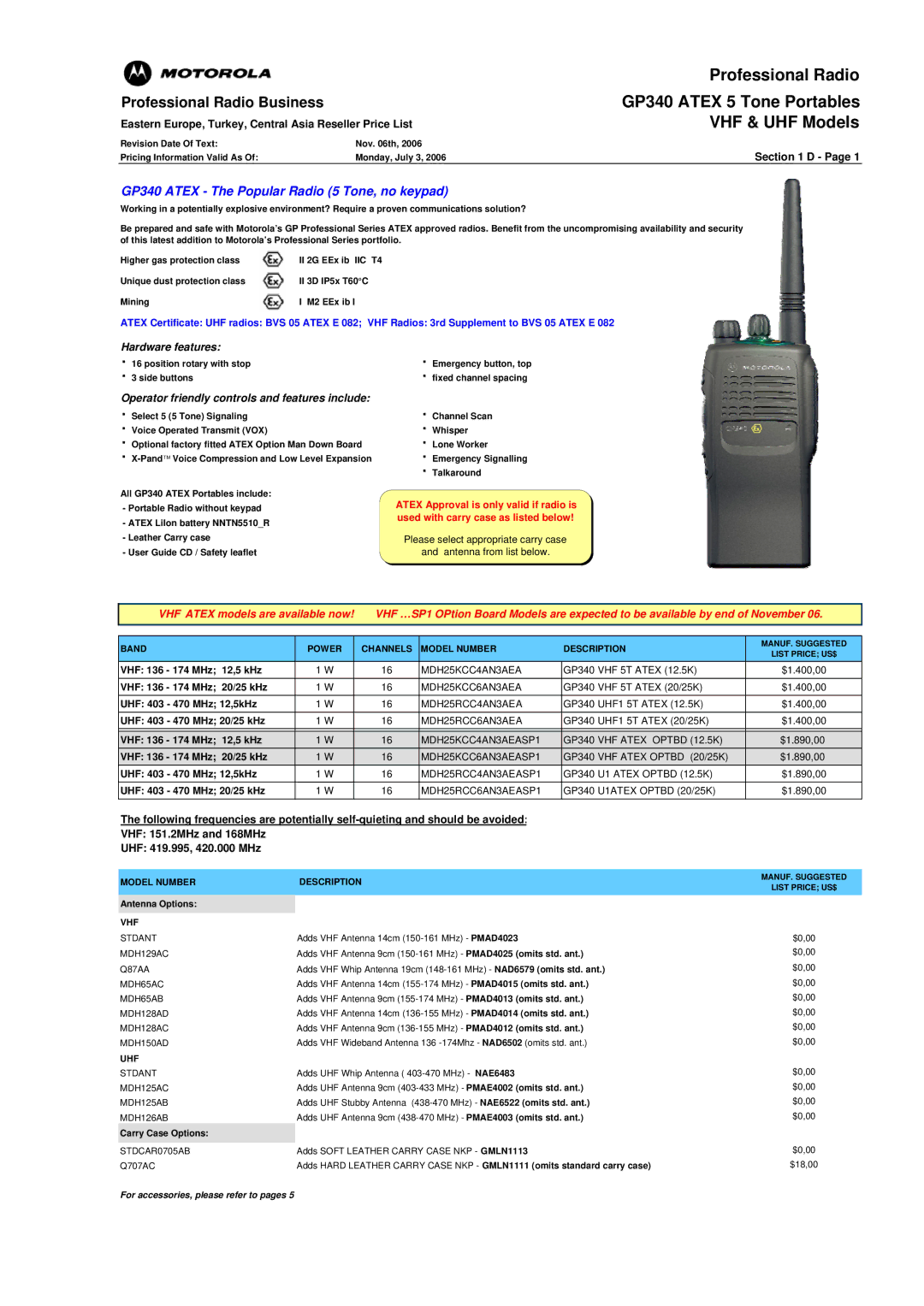 Motorola GP340 ATEX manual Professional Radio, GP340 Atex 5 Tone Portables, VHF & UHF Models 