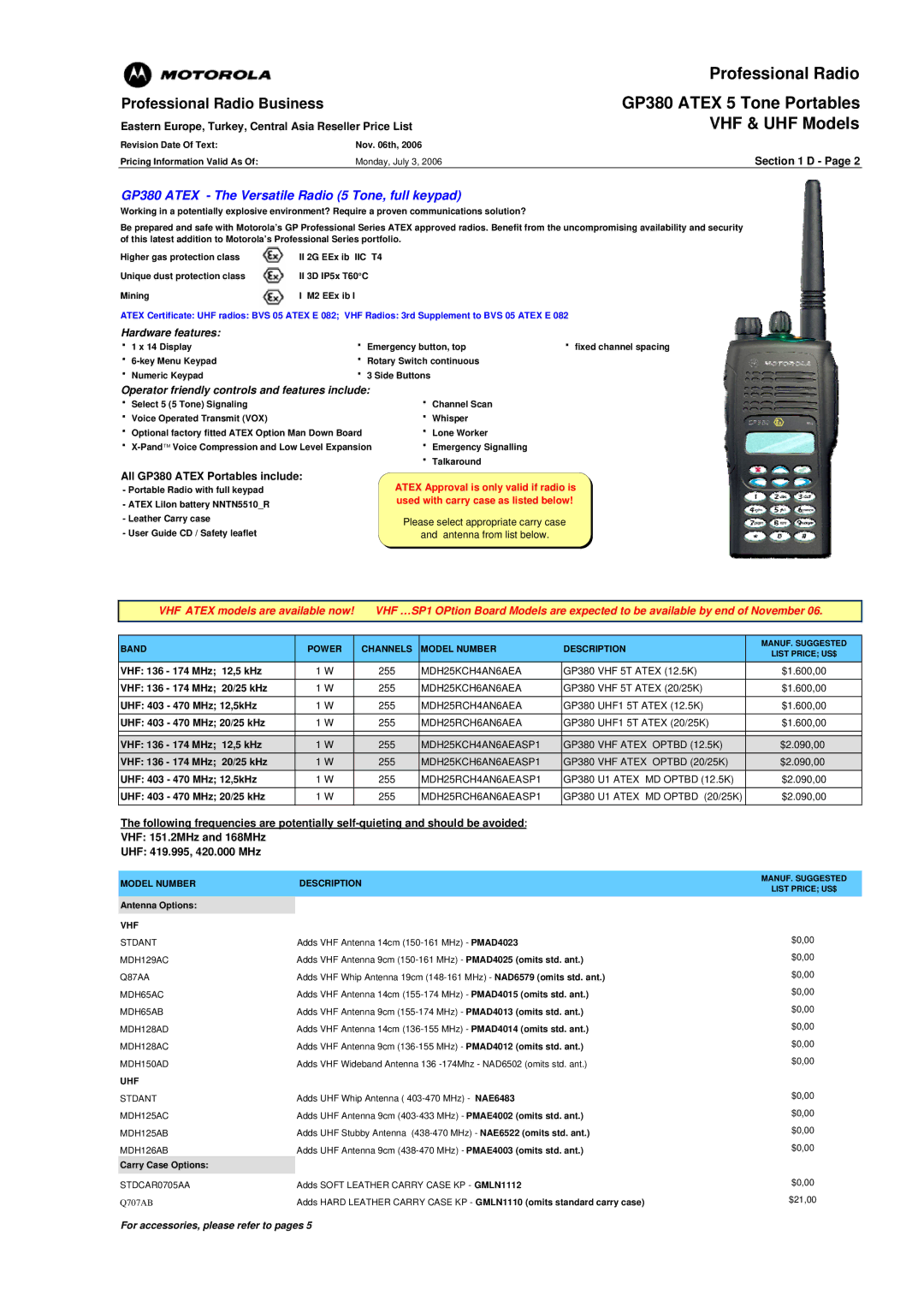 Motorola GP340 ATEX manual GP380 Atex 5 Tone Portables, GP380 Atex The Versatile Radio 5 Tone, full keypad 