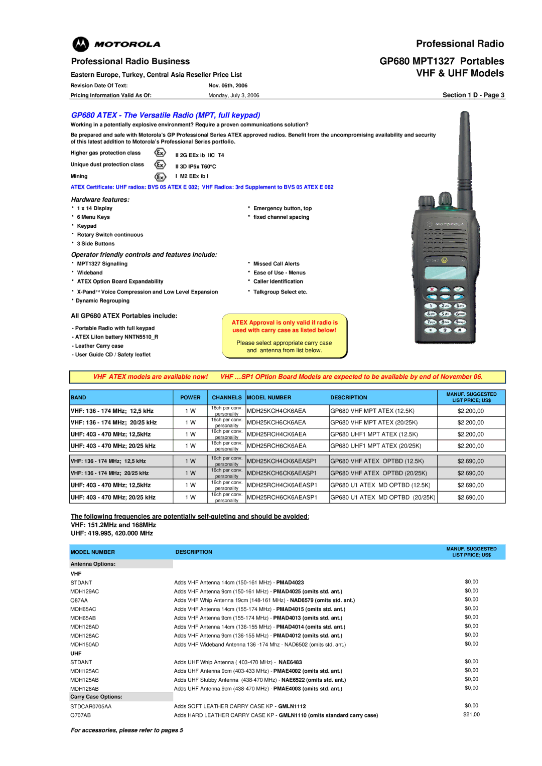 Motorola GP340 ATEX manual GP680 MPT1327 Portables, GP680 Atex The Versatile Radio MPT, full keypad 