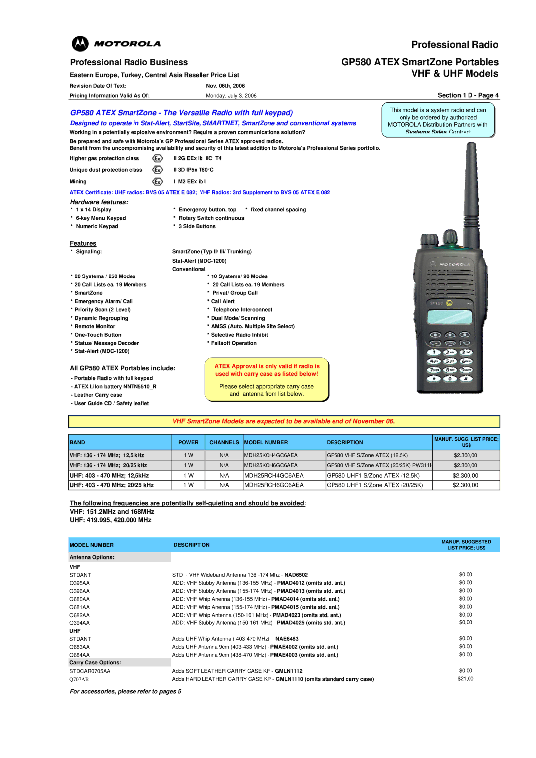 Motorola GP340 ATEX manual GP580 Atex SmartZone Portables, GP580 Atex SmartZone The Versatile Radio with full keypad 