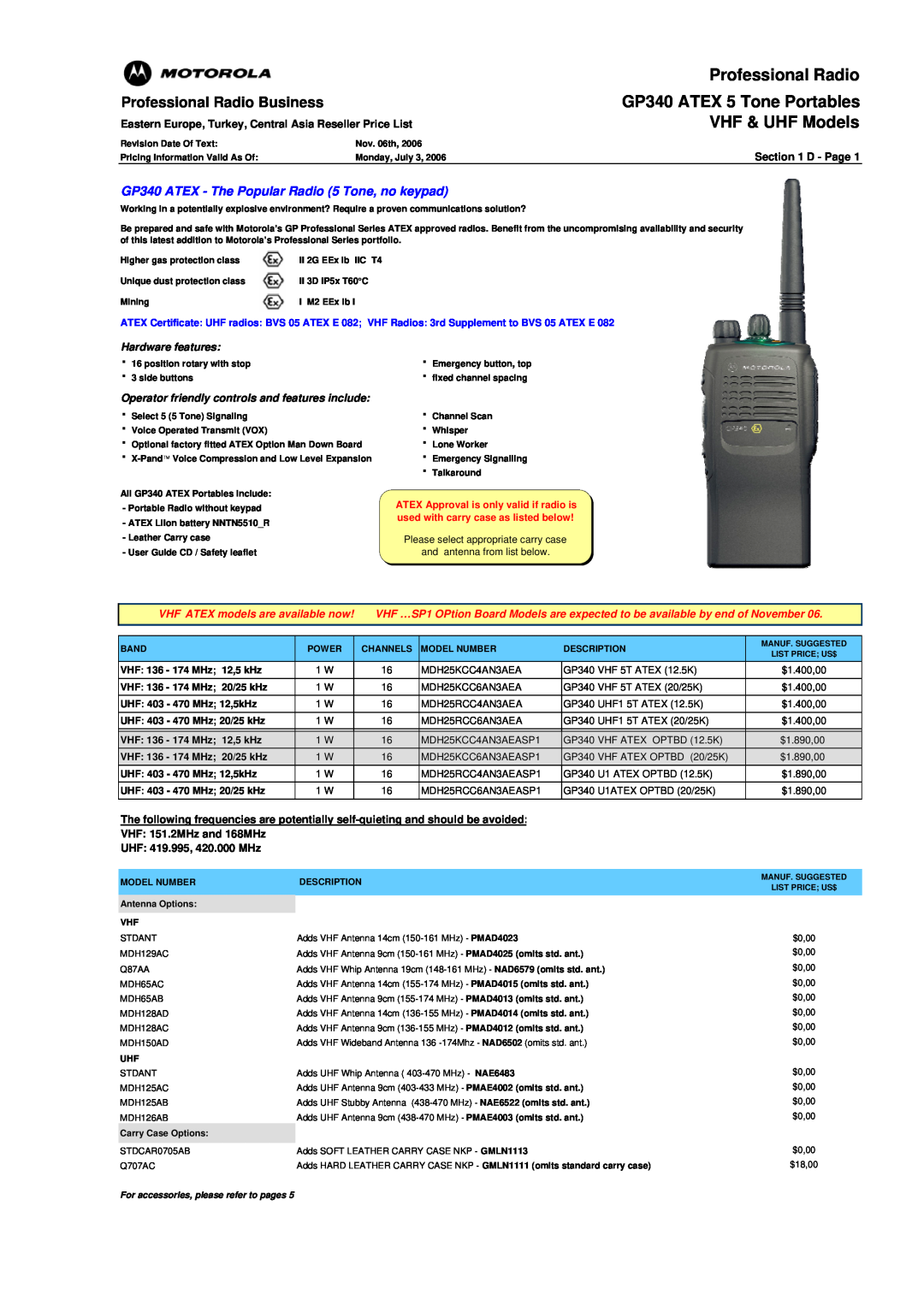 Motorola manual GP340 ATEX 5 Tone Portables, VHF & UHF Models, Professional Radio Business, Hardware features 