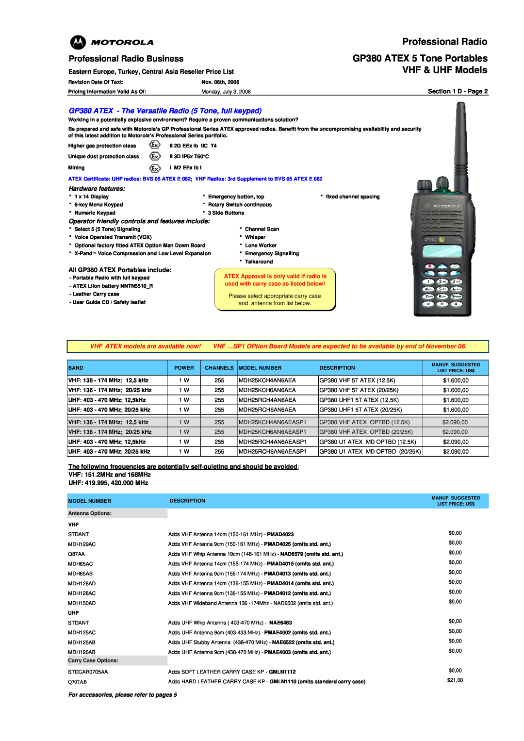 Motorola GP340 ATEX manual GP380 ATEX - The Versatile Radio 5 Tone, full keypad 