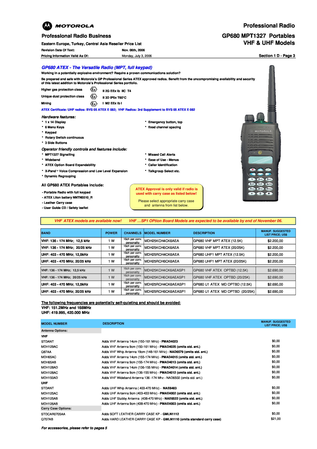 Motorola GP340 ATEX manual GP680 ATEX - The Versatile Radio MPT, full keypad 