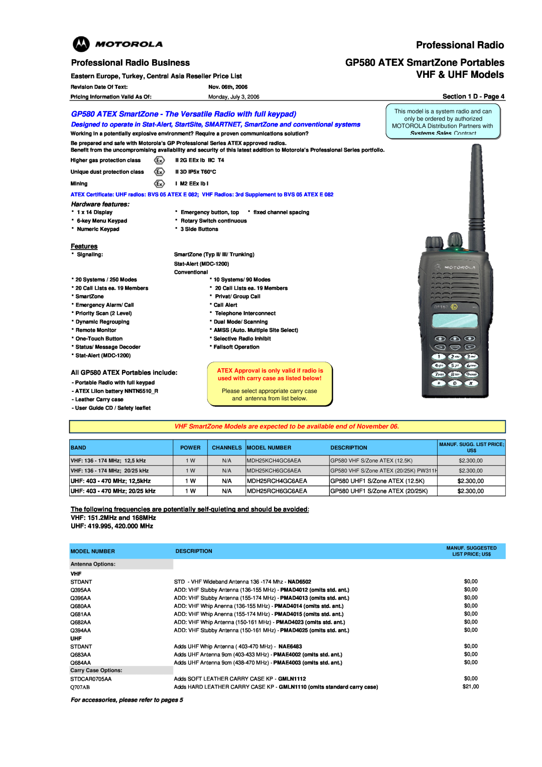 Motorola GP340 ATEX manual GP580 ATEX SmartZone - The Versatile Radio with full keypad 