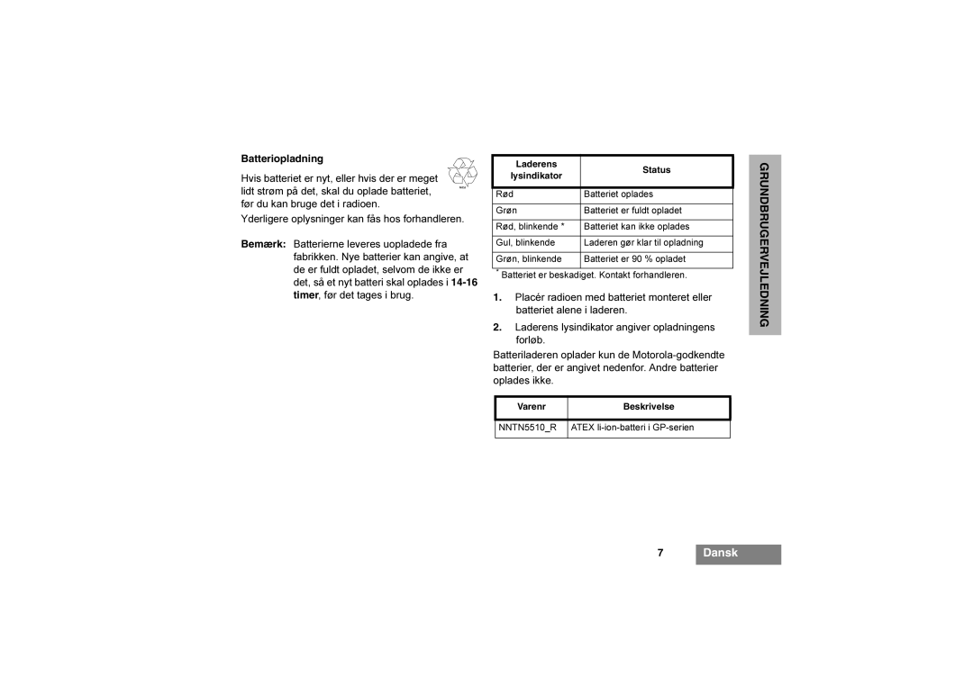 Motorola GP340 EX manual Batteriopladning, Laderens Status Lysindikator 