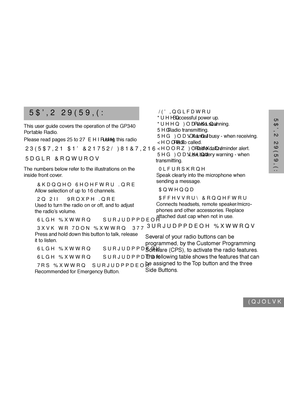 Motorola GP340 manual $,22959, 5DGLR&RQWUROV, 3URJUDPPDEOH%XWWRQV,  Qjolvk 