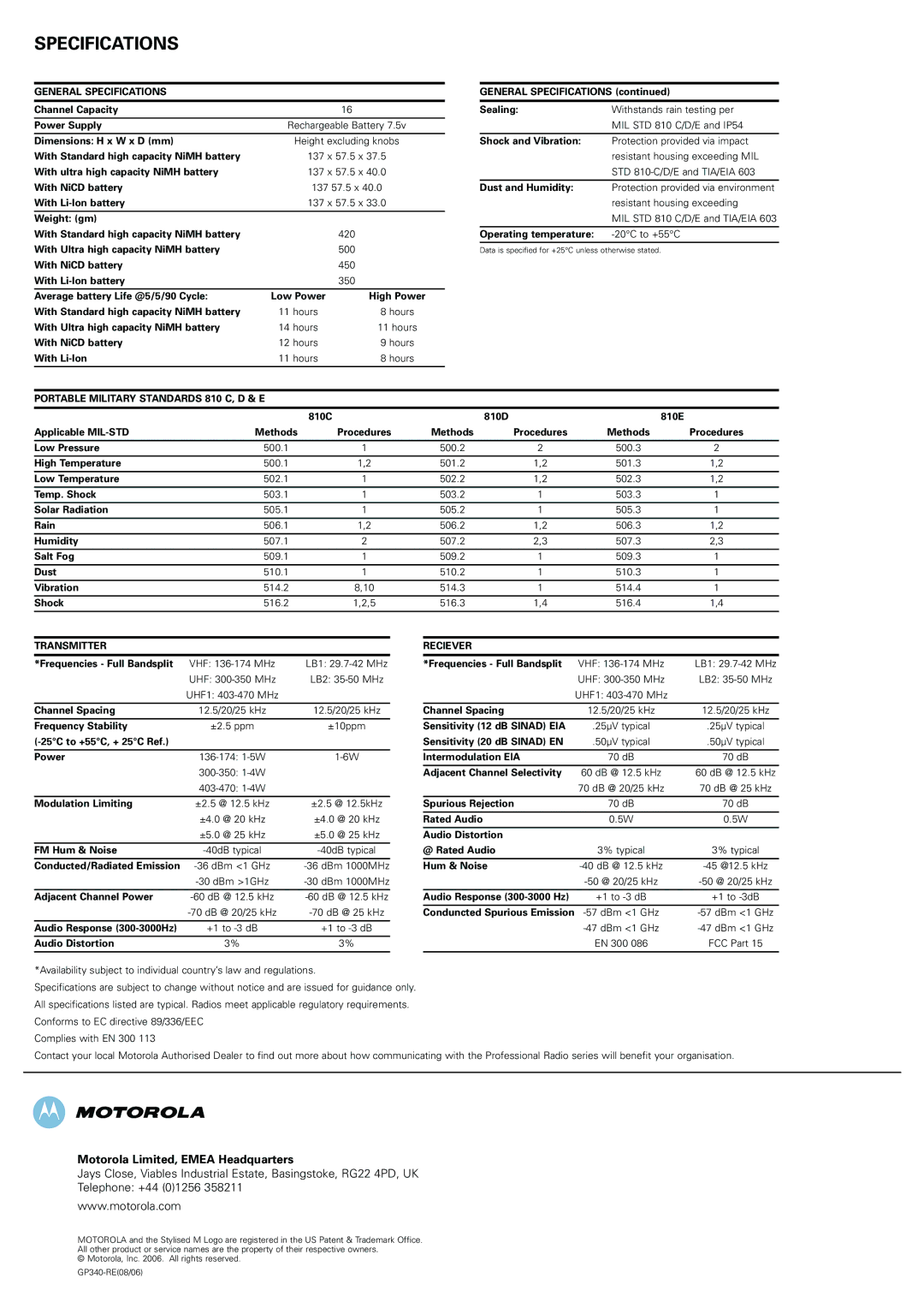 Motorola GP340 specifications General Specifications, Portable Military Standards 810 C, D & E, Transmitter, Reciever 