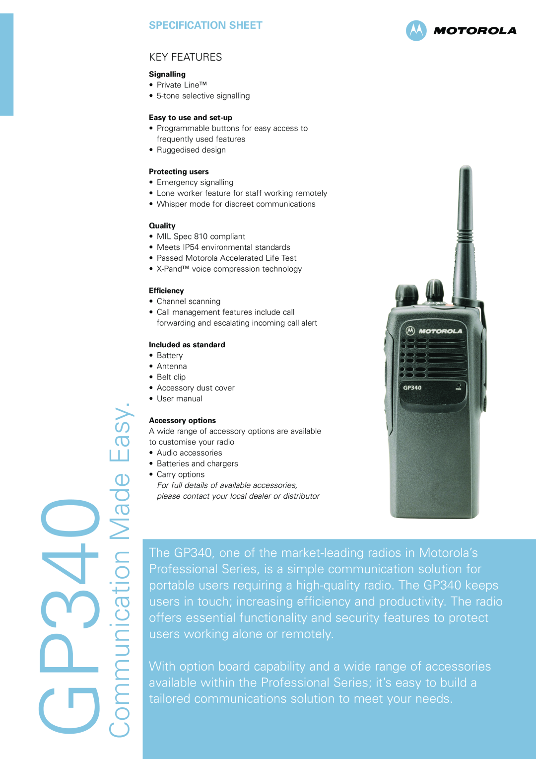 Motorola GP340 specifications Communication Made Easy, Specification Sheet 