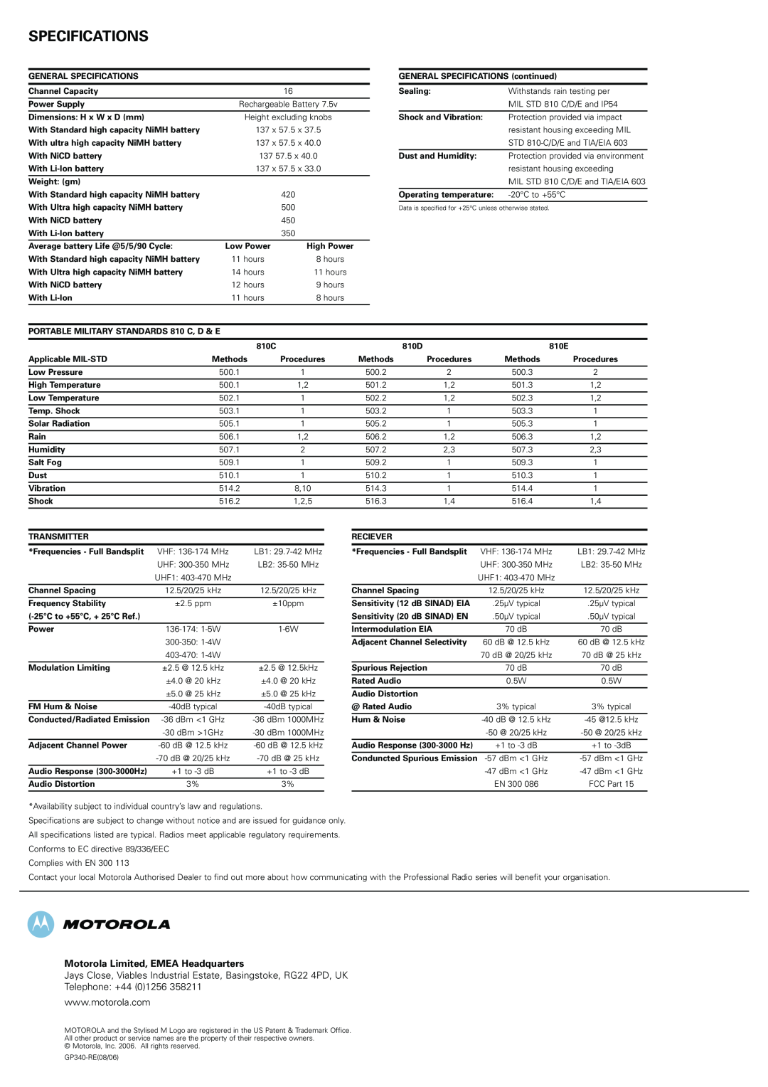 Motorola GP340 specifications Specifications, Motorola Limited, EMEA Headquarters 