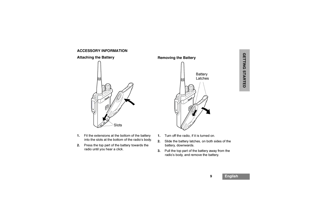 Motorola GP344 manual Accessory Information, Attaching the Battery Removing the Battery, Getting, Started 