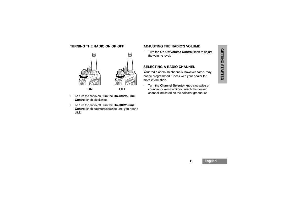 Motorola GP344 manual Turning the Radio on or OFF Adjusting the RADIO’S Volume, Selecting a Radio Channel 