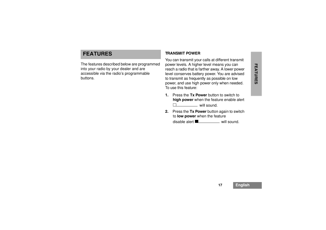 Motorola GP344 manual Features, Transmit Power 