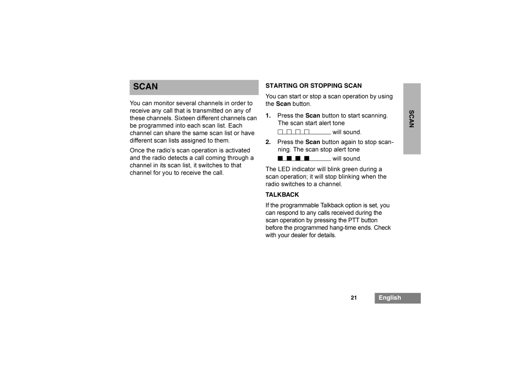 Motorola GP344 manual Starting or Stopping Scan, Talkback 