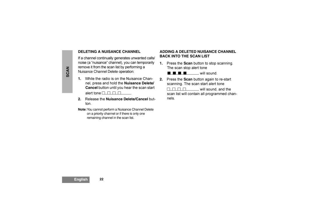 Motorola GP344 manual Scan Deleting a Nuisance Channel, Release the Nuisance Delete/Cancel but- ton 